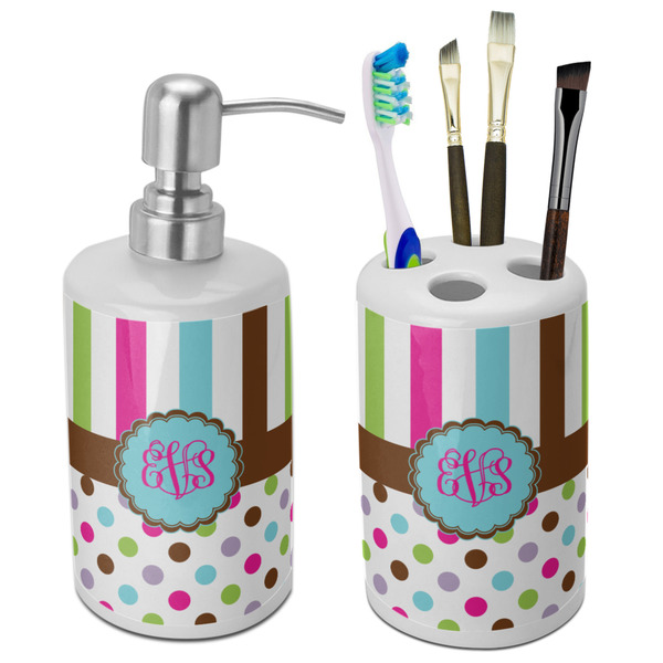 Custom Stripes & Dots Ceramic Bathroom Accessories Set (Personalized)