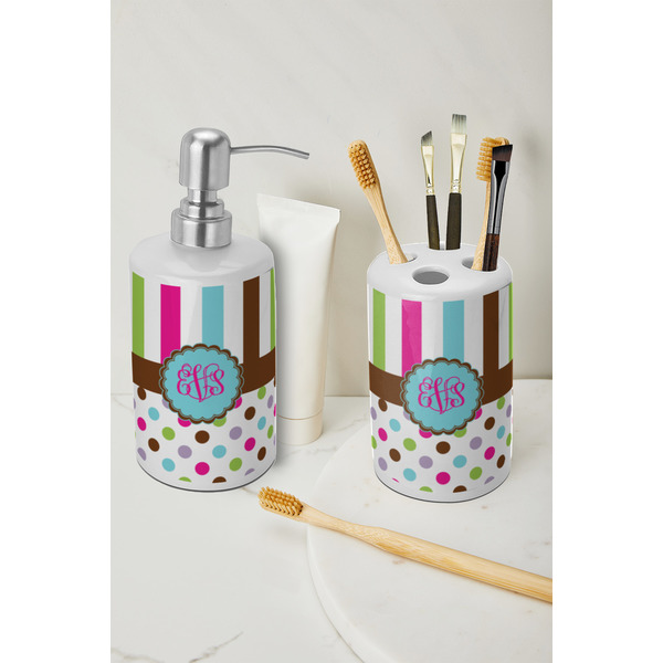 Stripes & Dots Ceramic Bathroom Accessories - LIFESTYLE (toothbrush holder & soap dispenser)