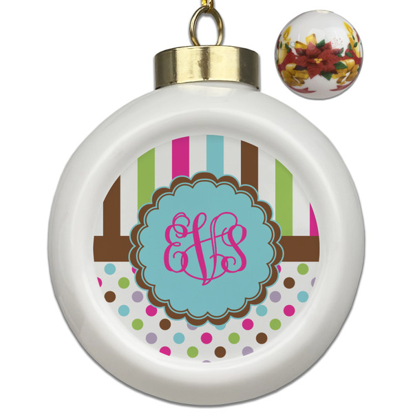 Custom Stripes & Dots Ceramic Ball Ornaments - Poinsettia Garland (Personalized)