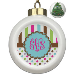 Stripes & Dots Ceramic Ball Ornament - Christmas Tree (Personalized)