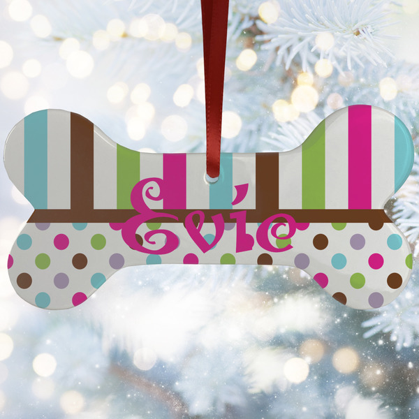 Custom Stripes & Dots Ceramic Dog Ornament w/ Monograms