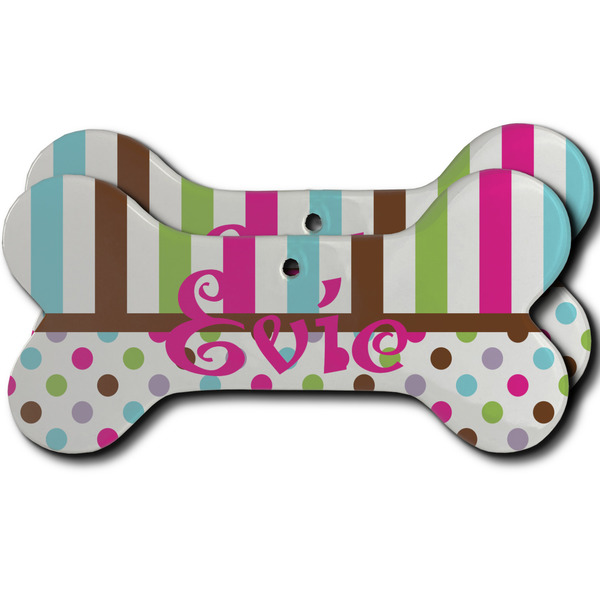 Custom Stripes & Dots Ceramic Dog Ornament - Front & Back w/ Monogram