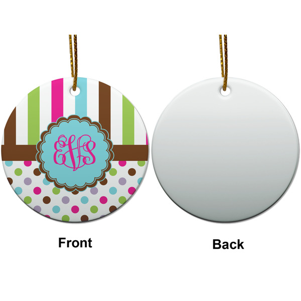 Stripes & Dots Ceramic Flat Ornament - Circle Front & Back (APPROVAL)