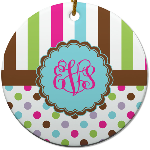 Stripes & Dots Ceramic Flat Ornament - Circle (Front)