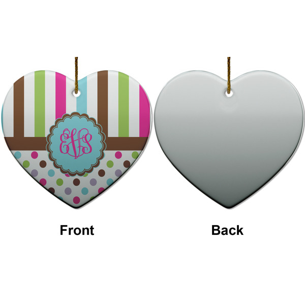 Stripes & Dots Ceramic Flat Ornament - Heart Front & Back (APPROVAL)