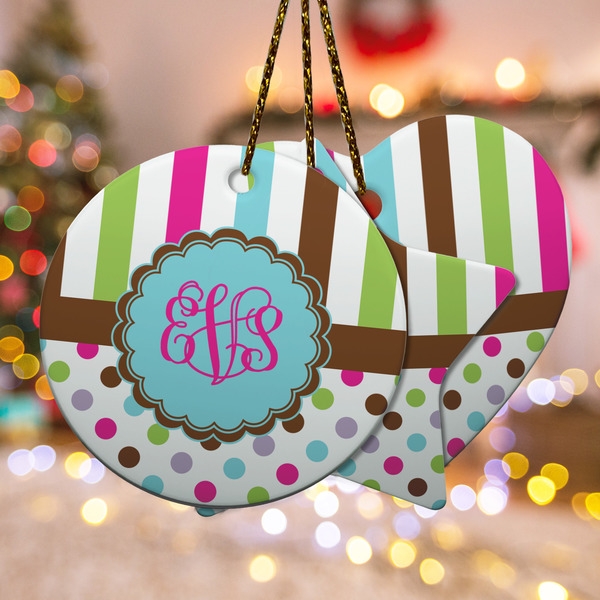 Custom Stripes & Dots Ceramic Ornament w/ Monogram