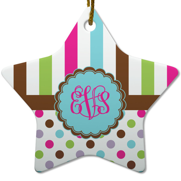 Stripes & Dots Ceramic Flat Ornament - Star (Front)
