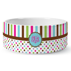 Stripes & Dots Ceramic Dog Bowl - Medium (Personalized)