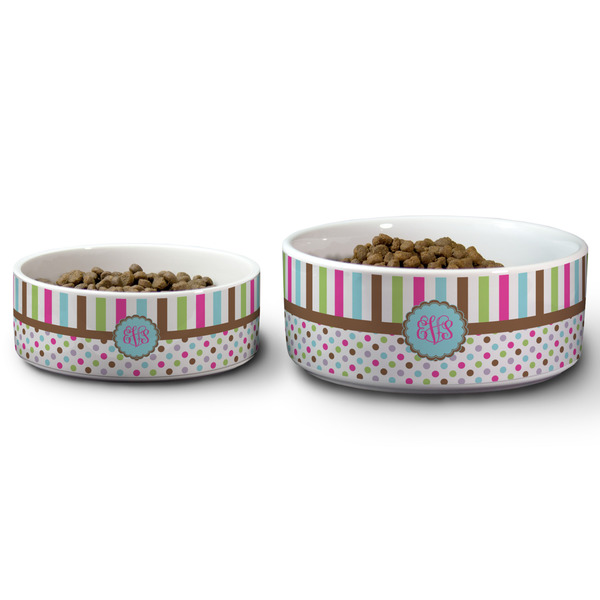 Stripes & Dots Ceramic Dog Bowls - Size Comparison