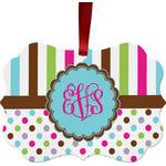 Stripes & Dots Metal Frame Ornament - Double Sided w/ Monogram