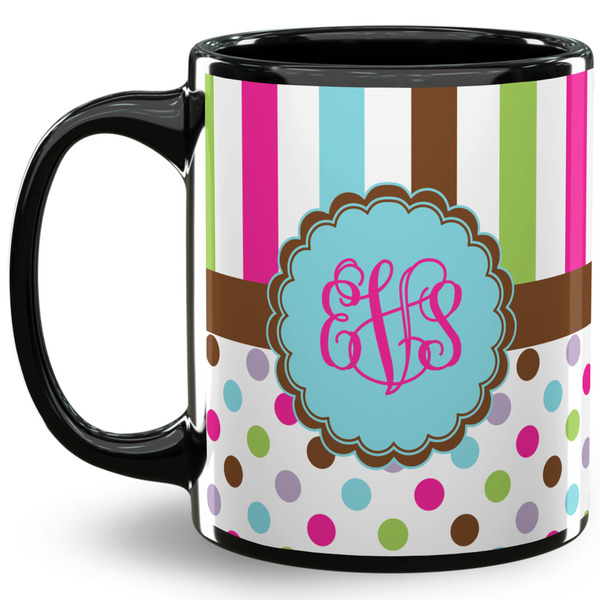 Custom Stripes & Dots 11 Oz Coffee Mug - Black (Personalized)