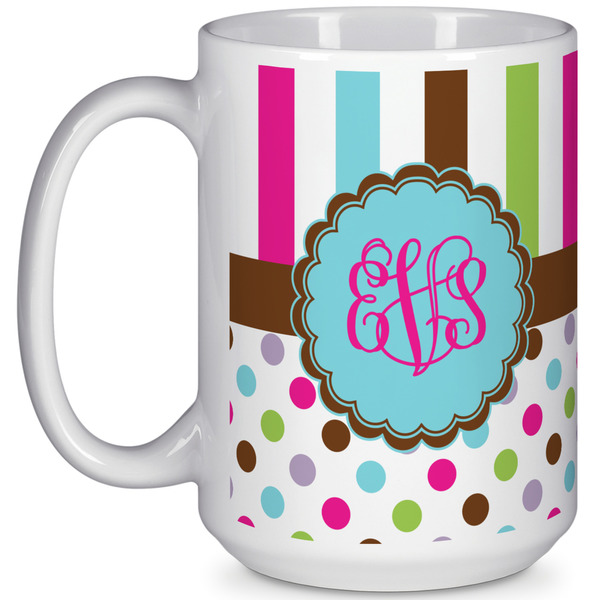 Custom Stripes & Dots 15 Oz Coffee Mug - White (Personalized)