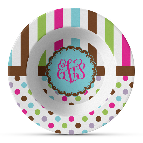 Custom Stripes & Dots Plastic Bowl - Microwave Safe - Composite Polymer (Personalized)