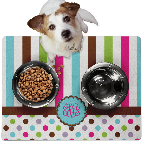 Custom Stripes & Dots Dog Food Mat - Medium w/ Monogram