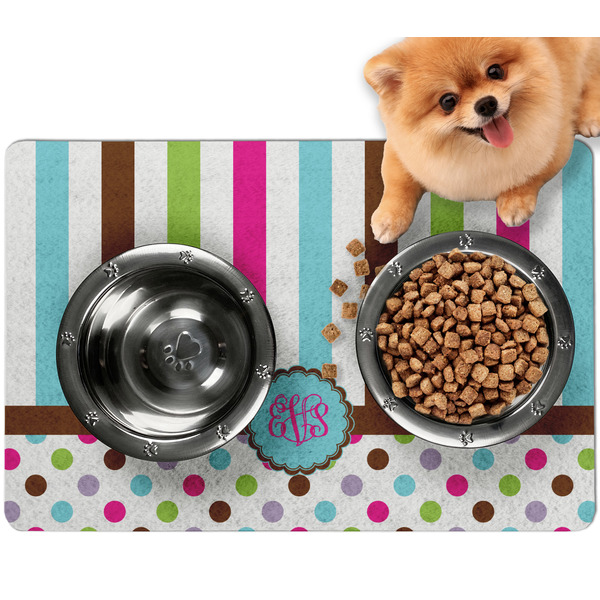 Custom Stripes & Dots Dog Food Mat - Small w/ Monogram