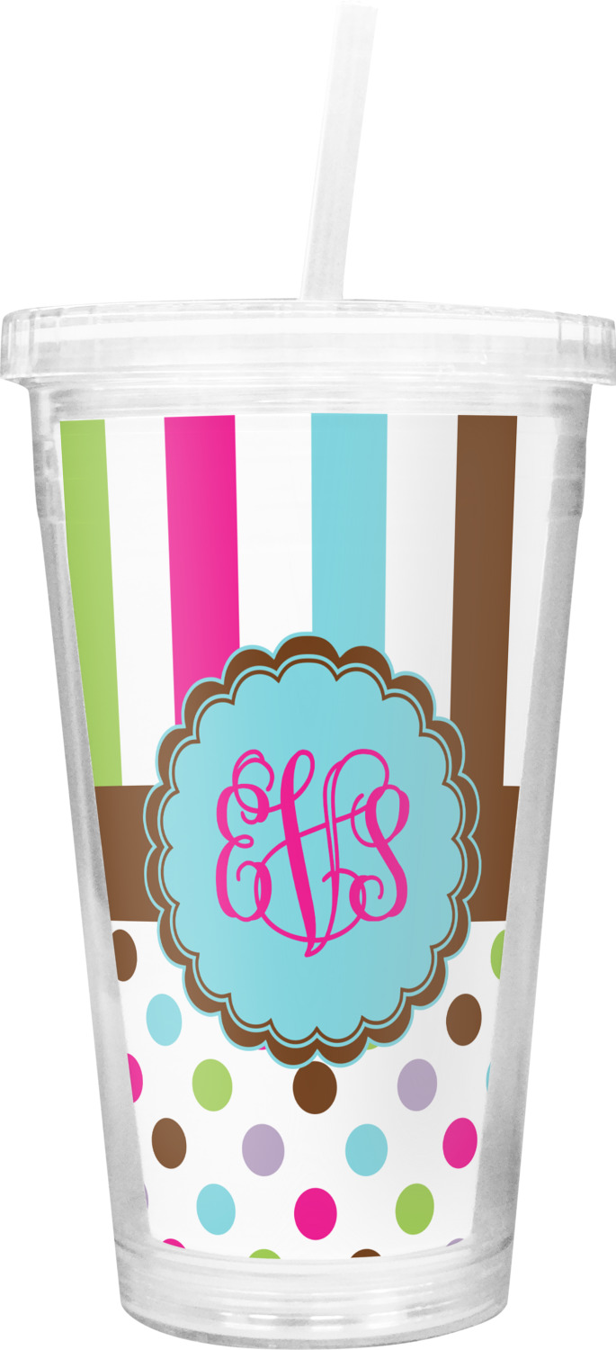 Stripes & Dots Double Wall Tumbler with Straw (Personalized