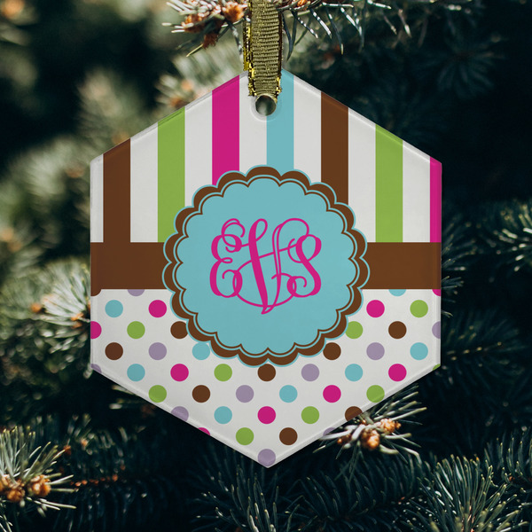 Stripes & Dots Frosted Glass Ornament - Hexagon (Lifestyle)
