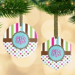 Stripes & Dots Flat Glass Ornament w/ Monogram