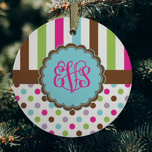 Stripes & Dots Frosted Glass Ornament - Round (Lifestyle)