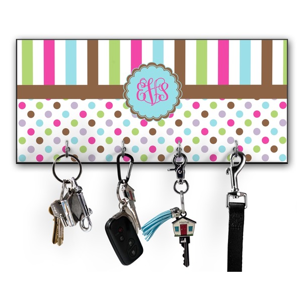 Custom Stripes & Dots Key Hanger w/ 4 Hooks w/ Monogram