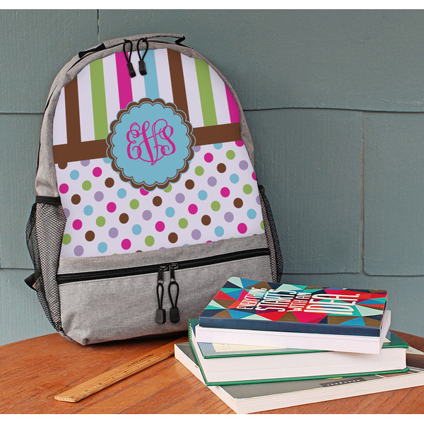 Stripes & Dots Large Backpack - Gray - On Desk