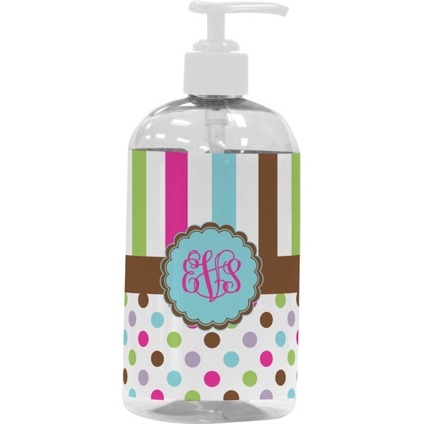 Custom Stripes & Dots Plastic Soap / Lotion Dispenser (16 oz - Large - White) (Personalized)