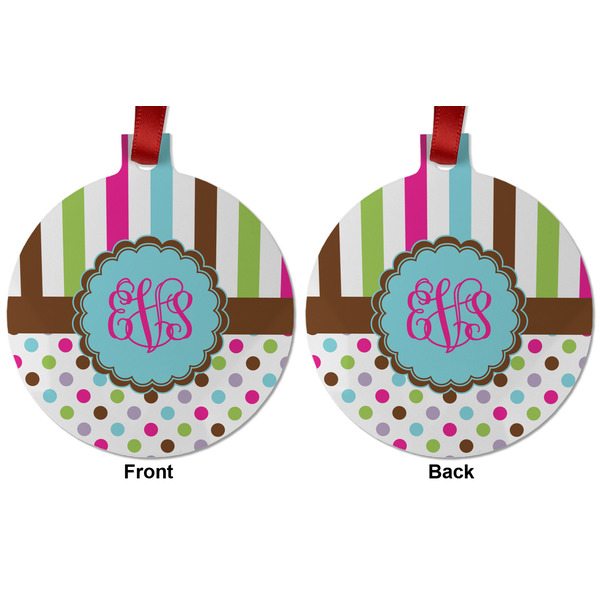 Stripes & Dots Metal Ball Ornament - Front and Back