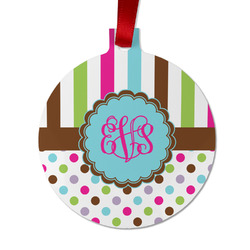 Stripes & Dots Metal Ball Ornament - Double Sided w/ Monogram