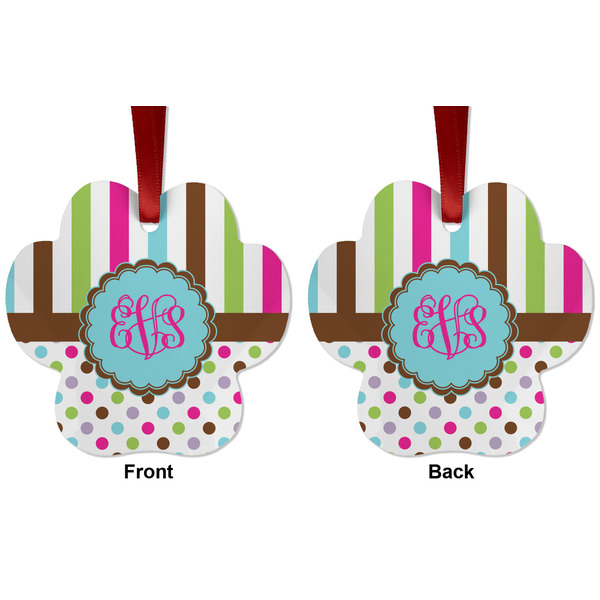 Stripes & Dots Metal Paw Ornament - Front and Back