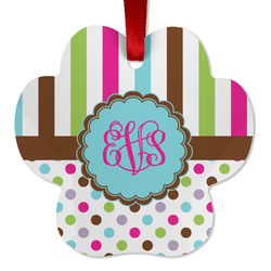 Stripes & Dots Metal Paw Ornament - Double Sided w/ Monogram