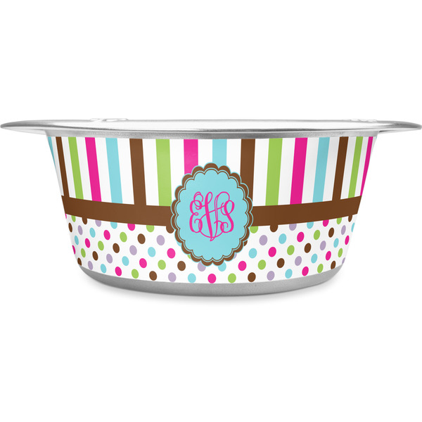 Custom Stripes & Dots Stainless Steel Dog Bowl - Large (Personalized)