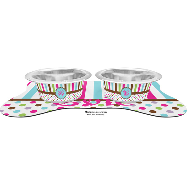 Stripes & Dots Metal Pet Bowls - On Dog Bone Shaped Mat