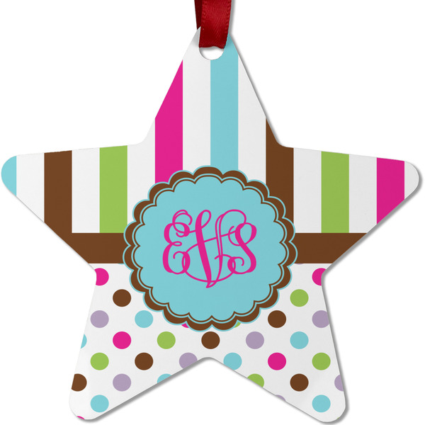 Custom Stripes & Dots Metal Star Ornament - Double Sided w/ Monogram