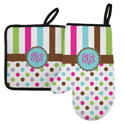 Stripes & Dots Left Oven Mitt & Pot Holder Set w/ Monogram