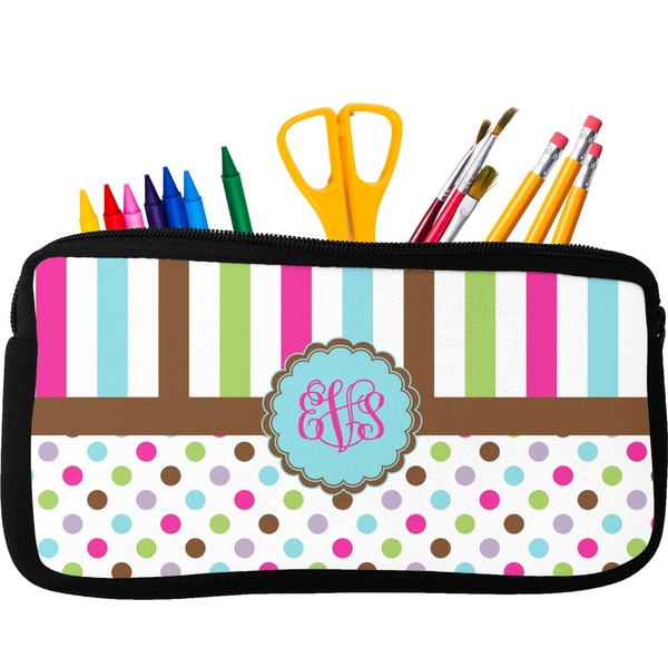 Custom Stripes & Dots Neoprene Pencil Case - Small w/ Monogram