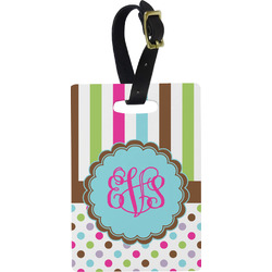 Stripes & Dots Plastic Luggage Tag - Rectangular w/ Monogram