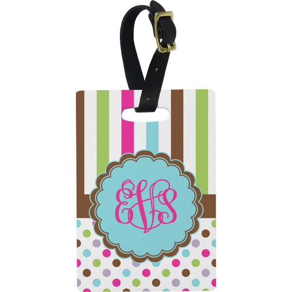 Custom Stripes & Dots Plastic Luggage Tag - Rectangular w/ Monogram