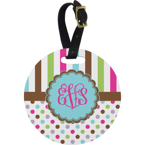 Custom Stripes & Dots Plastic Luggage Tag - Round (Personalized)