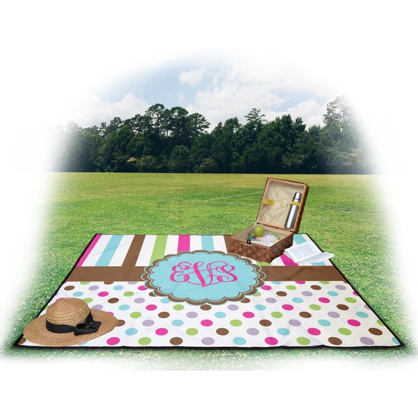 Stripes & Dots Picnic Blanket - with Basket Hat and Book - in Use
