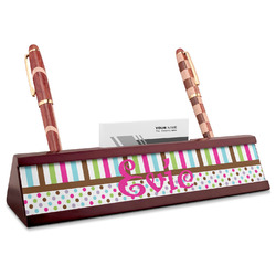 Stripes & Dots Red Mahogany Nameplate with Business Card Holder (Personalized)