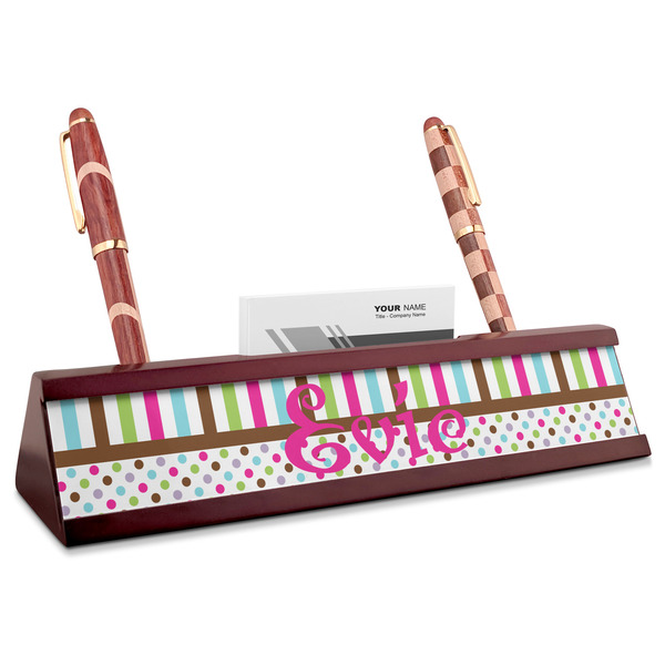 Custom Stripes & Dots Red Mahogany Nameplate with Business Card Holder (Personalized)