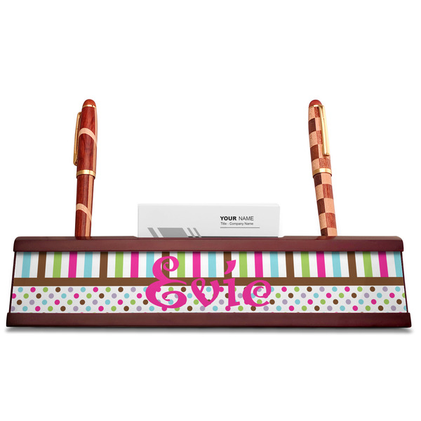 Stripes & Dots Red Mahogany Nameplates with Business Card Holder - Straight