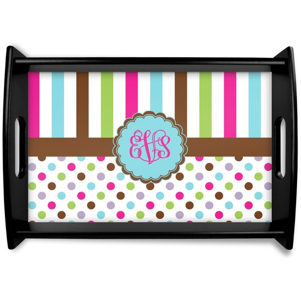 Custom Stripes & Dots Black Wooden Tray - Small (Personalized)