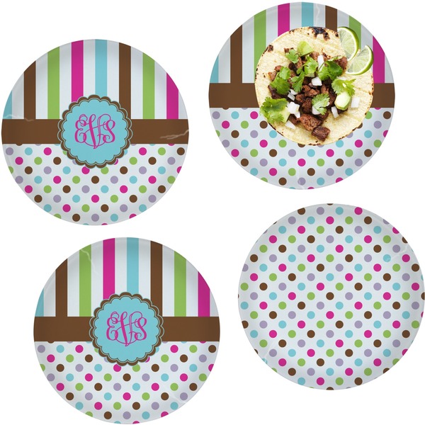Custom Stripes & Dots Set of 4 Glass Lunch / Dinner Plate 10" (Personalized)