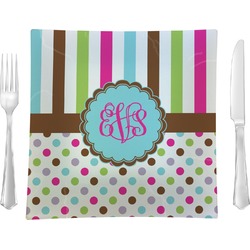 Stripes & Dots 9.5" Glass Square Lunch / Dinner Plate- Single or Set of 4 (Personalized)