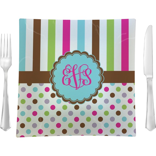 Custom Stripes & Dots 9.5" Glass Square Lunch / Dinner Plate- Single or Set of 4 (Personalized)
