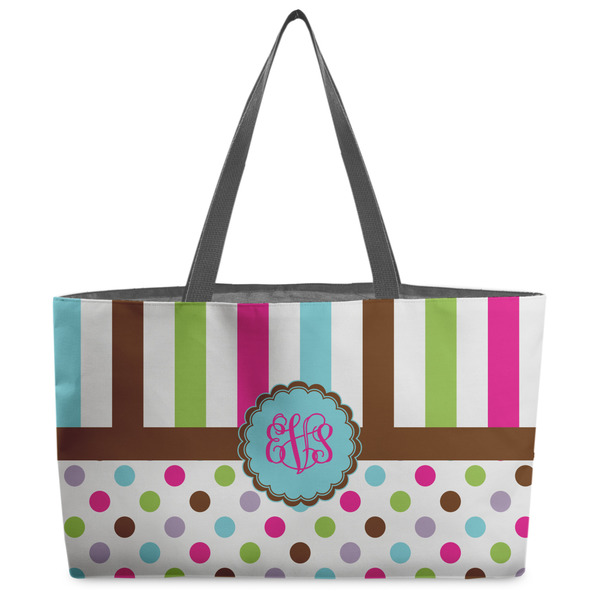 Custom Stripes & Dots Beach Totes Bag - w/ Black Handles (Personalized)
