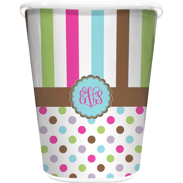 Custom Stripes & Dots Waste Basket - Double Sided (White) (Personalized)