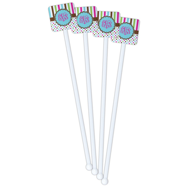 Stripes & Dots White Plastic Stir Stick - Single Sided - Square - Front