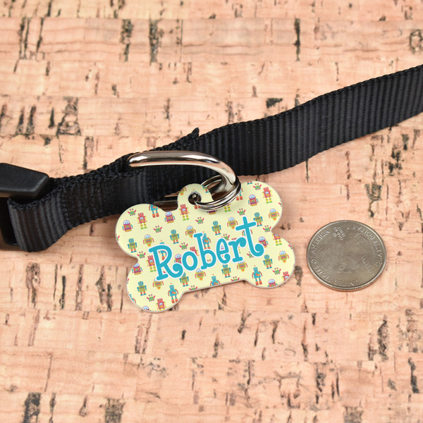 Robot Bone Shaped Dog ID Tag - Large - In Context